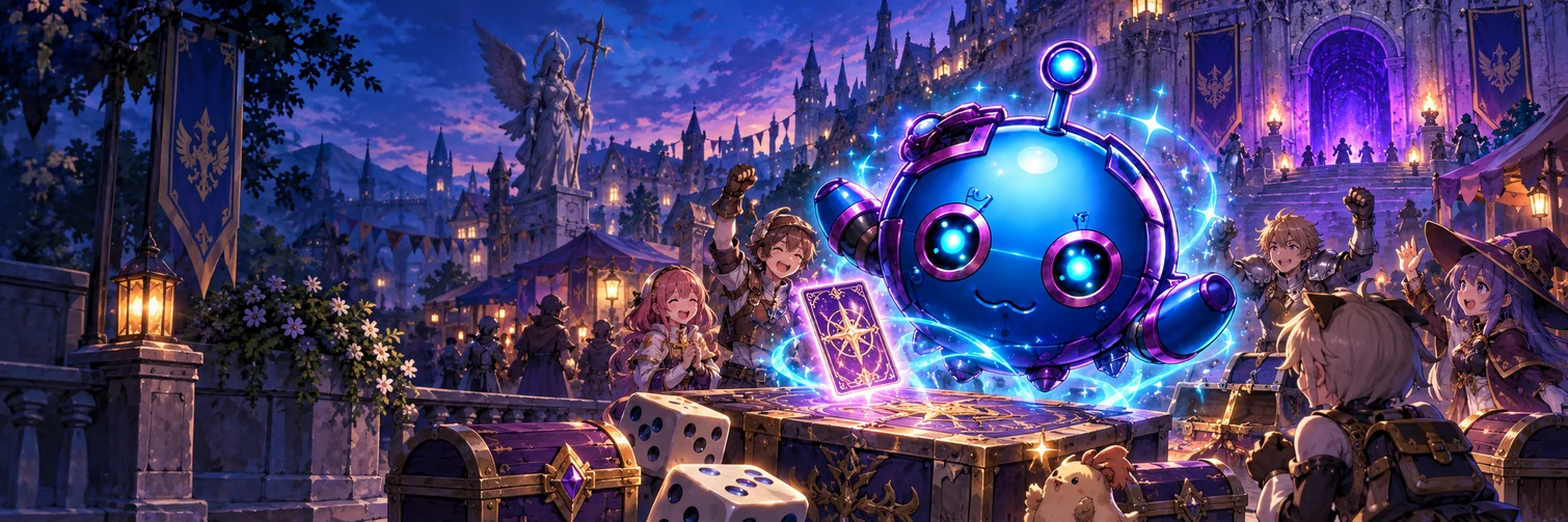 Aventureiros celebram os eventos do RagnaFuture em uma praça de Ragnarok, junto do mascote mecânico azul e ciano do servidor.