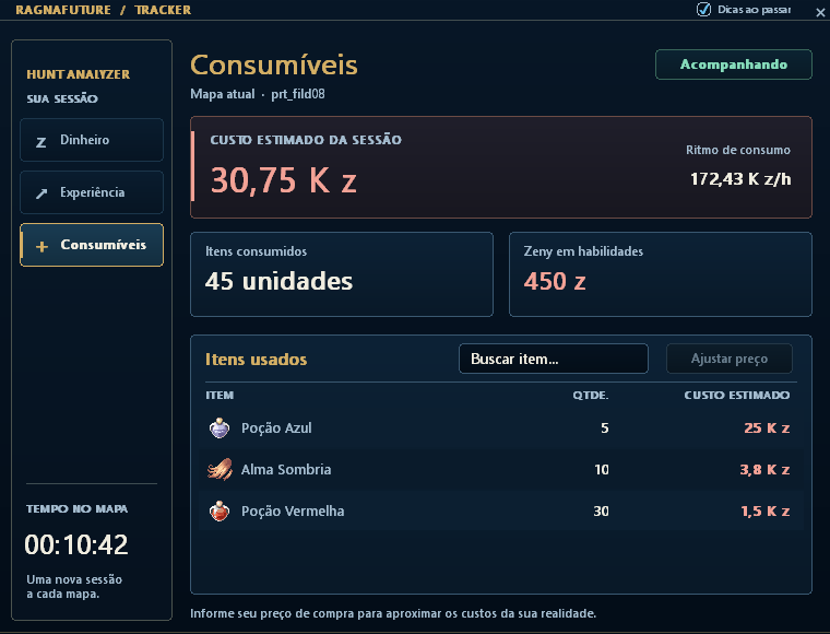 Tracker atual na aba Consumíveis, com custo da sessão, unidades consumidas, zeny em habilidades e itens usados.