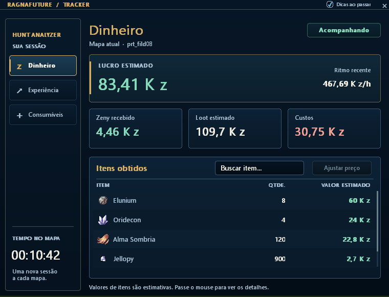 Tracker atual na aba Dinheiro, com lucro estimado, entradas, custos e itens obtidos.