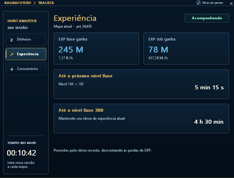 Tracker atual na aba Experiência, com EXP Base e Job e previsão do próximo nível Base e do nível 300.